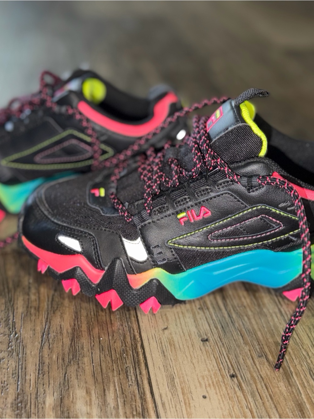 FILA Black Athletic Sneakers with Pink, Blue & Yellow Accents